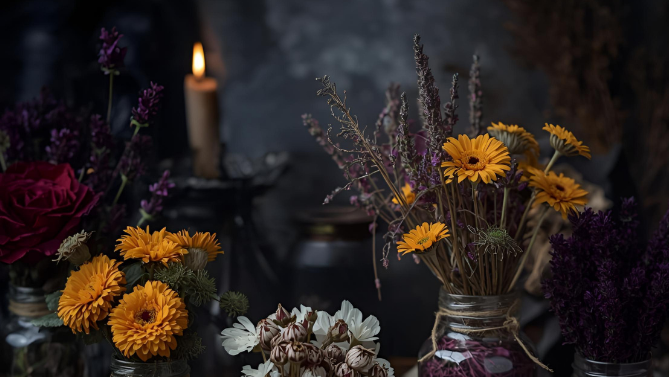 Bouquets of flowers with a candle in a dark setting